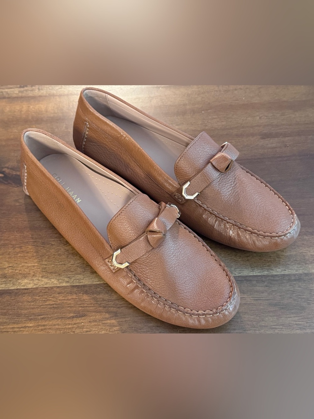Cole Haan Women’s Tan Evelyn Bow Driver, Leather with Gold Accent, Size 10